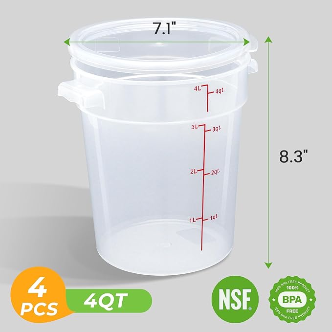 4 Pack Round Food Storage Containers with Lids, 4Qt Translucent Commercial Food Container, Polypropylene, BPA Free, Includes Labels & Measuring Cups