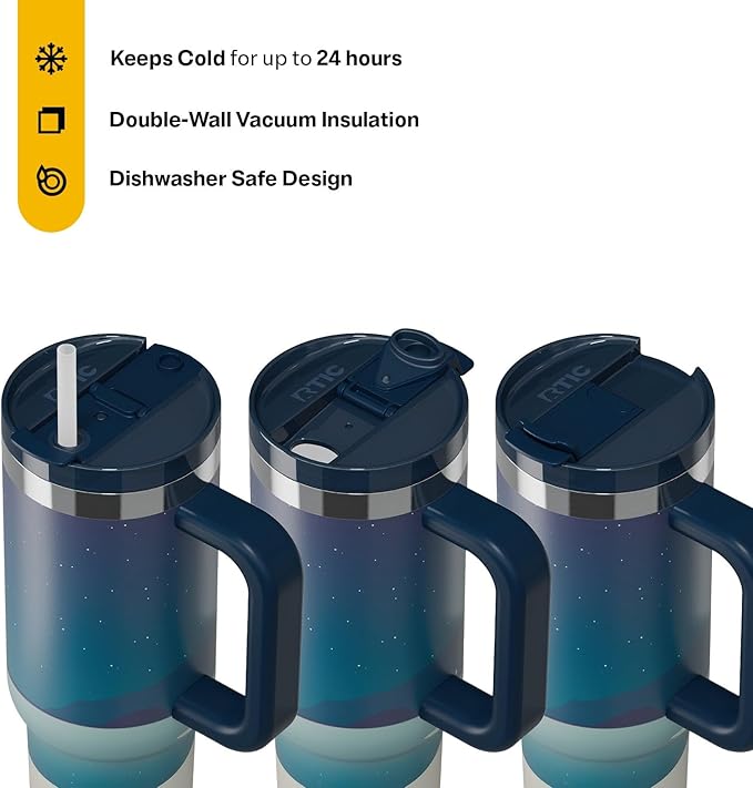 RTIC 30 oz Road Trip Tumbler Double-Walled Ceramic Lined InsulatedStainless Steel Portable Travel Coffee Mug Cup with Lid, Handle and Straw, Starry Night