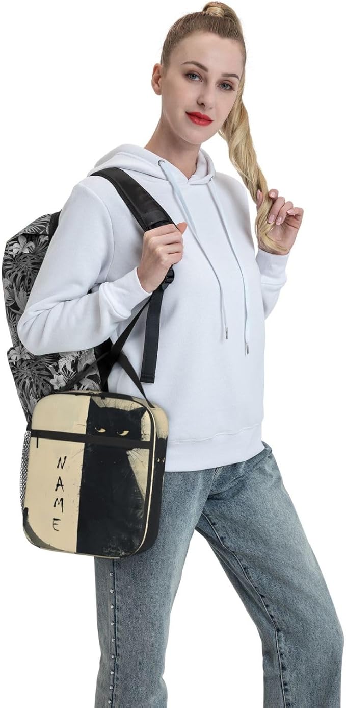 SUPLUCHOM Custom Lunch Bag With Name Cat Vintage Personalized Insulated Box Customized Food Tote Container Side Pocket for Work School Picnic Hiking Daytrip Kids Boys Girls Women Men Over 3 Years Old