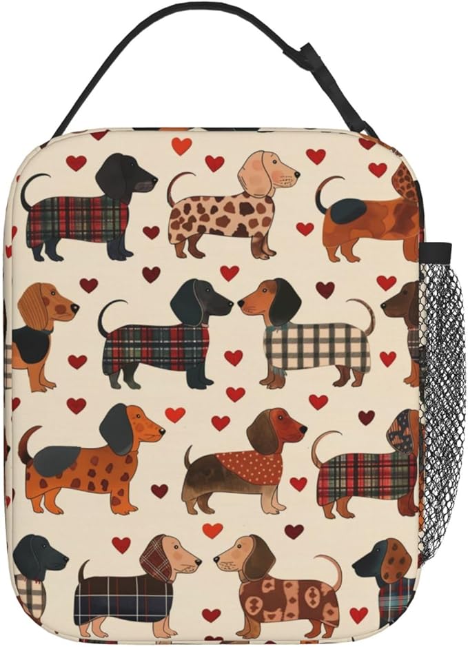 Reusable Dachshund Lunch Box for Kids, Insulated Cute Plaid Weiner Dog Bag,Polyester Cooler Heart Handbags Case for School Picnic Work Travel Beach or Hiking (Beige)