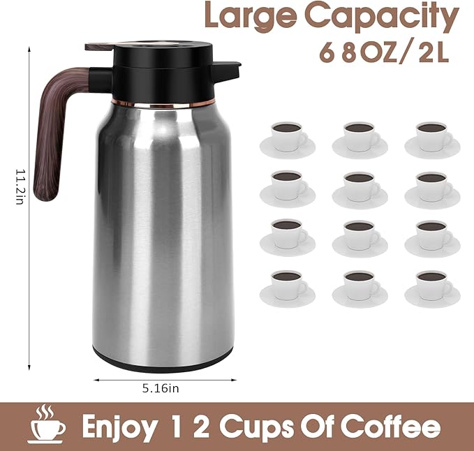 68oz Thermal Coffee Carafe, Stainless Steel Carafes for Hot Liquids 24 Hours, Insulated Coffee Carafes For Keeping Hot Coffee, Hot Water, Tea, Hot Beverage (Silver)