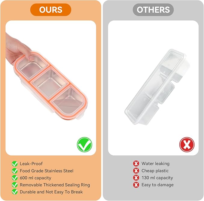 Stainless Steel Snack Containers with Lids & Spork, Reusable 3 Compartment Condiment Boxes, Divided Grab Food Storage Containers, Sauce Cups for Home, Travel (3 Compartment)