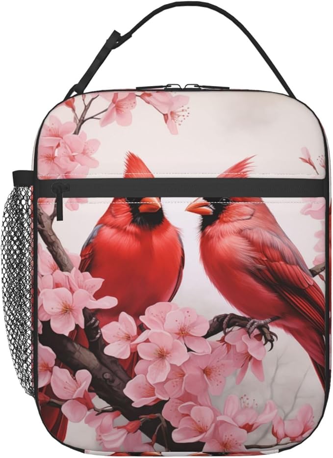 Cardinal Cherry Blossom Insulated Lunch Box, Reusable Thermal Lunchbox with Red Bird and Pink Floral, Portable Handbags for Office, Beach, Camping, Road Trip, Hiking, Gifts for Girls Women