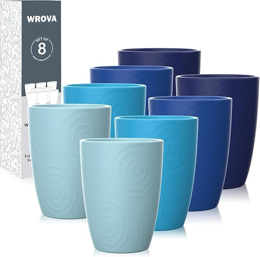 Wheat Straw Cups 8 PCS Good Alternative to Plastic Reusable Cups 12 oz Unbreakable Drinking Cup Reusable Dishwasher Safe Water Plastic Glasses - Ocean Series