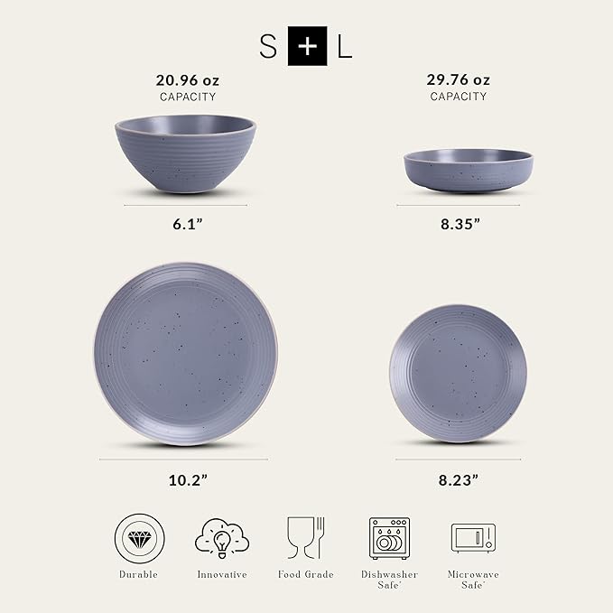 Stone Lain Lauren Stoneware, Rustic Plates and Bowls Set, Dinnerware, Service for 4, Speckled Light Gray, Dishwasher & Microwave Safe, 16-Piece