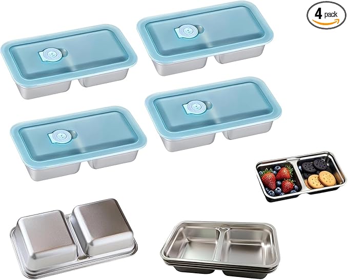 (4PCS) Grab and Go Snack Containers, Reusable Stainless Steel Snack Containers with Lids, Leak-Proof Stainless Steel Double Compartment Condiment Container, for Snacks Dips Travel