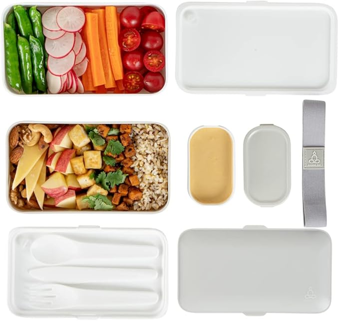Restaurantware-Bento Tek 40.5 Ounces Stackable Lunch Meal Box, 1 Reusable Adult Lunch Container - With Utensils, Included Sauce Cup, Gray & White Plastic Layered Meal Box, Microwavable, Dishwashable