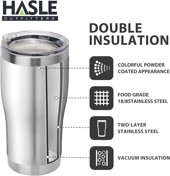 HASLE OUTFITTERS 20 oz Tumbler Bulk, Stainless Steel Tumblers with Lid, Vacuum Insulated Tumbler, Double Wall Tumbler Cup, coffee mugs, Stainless Steel, 6 Pack