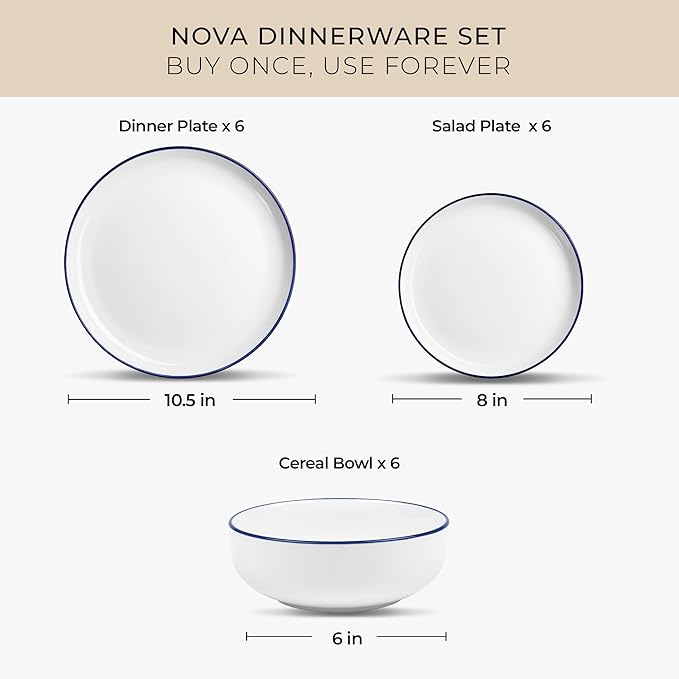 Zulay Kitchen Nova Porcelain Dinnerware Set, Service For 6 - Chip & Scratch Resistant White Plates And Bowls Sets - Microwave & Dishwasher Safe - White With Blue Rim