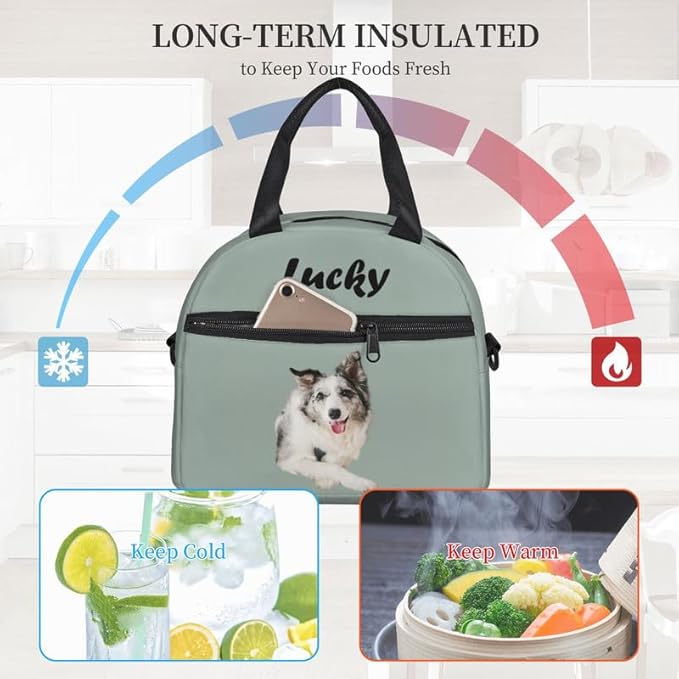 Personalized Pet Lunch Bag, Custom Pet Lunch bag, Customizable Insulated Neoprene Lunch Tote Handbag with Adjustable Shoulder Strap - Cute Funny Reusable Lunch Box Container for Dog Lovers, Cat Lovers