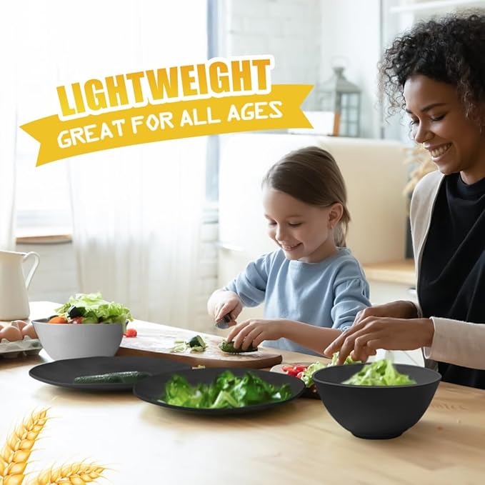 Teivio 32-Piece Kitchen Plastic Wheat Straw Dinnerware Set, Service for 8, Dinner Plates, Dessert Plate, Cereal Bowls, Cups, Unbreakable Colorful Plastic Outdoor Camping Dishes, Black Matte