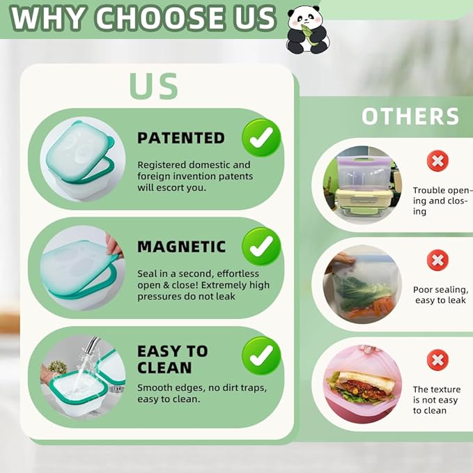 Refrigerator Fresh-Keep Containers 32oz - Freezer-Safe - Collapsible, Magnetic Leakproof Seal & Panda Window Design, BPA-Free, Store Soup, Sauce, Leftovers - Microwave & Dishwasher Safe