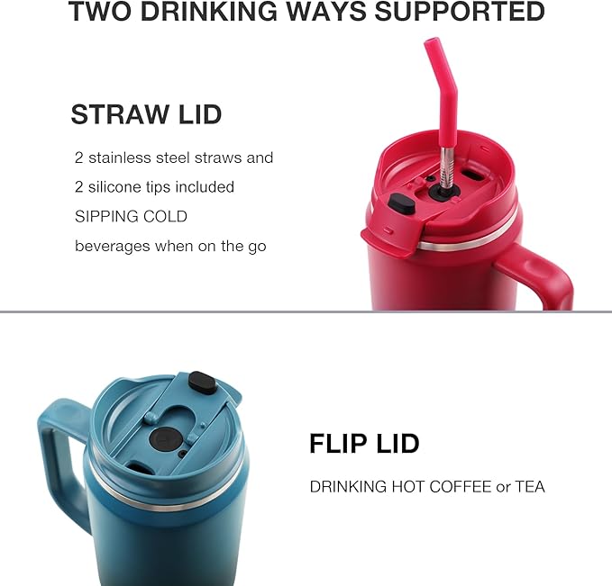 40 oz Tumbler with Handle, Insulated Tumblers with Lid and Straw, Large Metal Sports Water Bottle Jug, Thermal Stainless Steel Travel Coffee Mug Cup, Raspberry