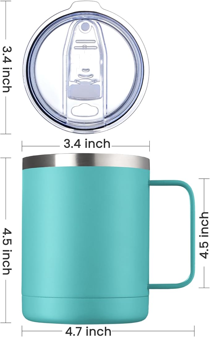 MEWAY 12oz Coffee Mug With Handle 4 Pack Bulk,Stainless Steel Insulated Travel Tumblers With Sliding Lid,Double Wall Vacuum Camping Cup for Hot & Cold Drinks Tea (Light Green,Set of 4)