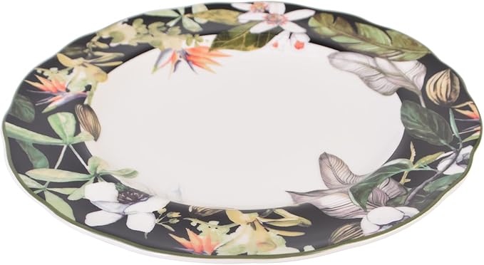 222 Fifth 12-Piece Porcelain Dinnerware Set for 4, Black & White Plates and Bowls Set with Tropical Floral Design, Glossy Ceramic Dish Set, Kitchen Tableware, Microwave & Dishwasher Safe, Borneo