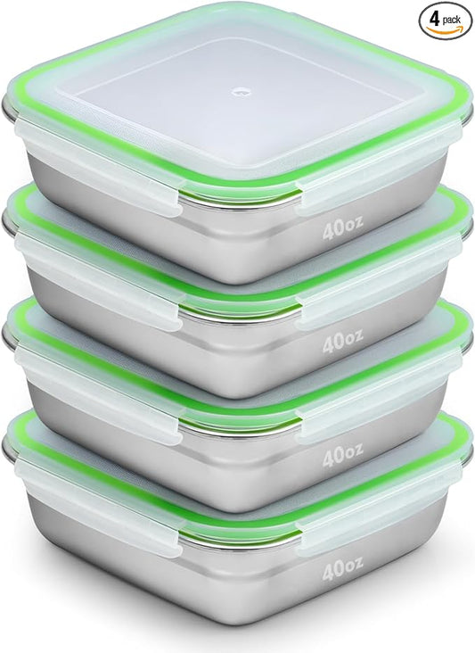 4 Pack Sandwich Containers, 40oz Stainless Steel Sandwich Box with Airtight Lids, Reusable Metal Meal Prep Lunch Boxes, BPA-Free, Dishwasher Safe, Large Capacity Food Storage Containers (Green)