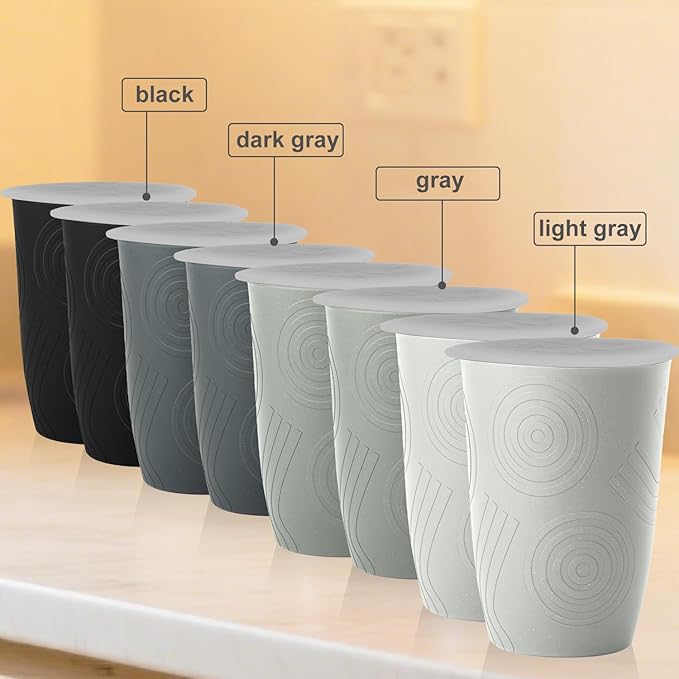 Wrova Wheat Straw Cups 16oz Set of 8 with Silicone Covers - Alternative Plastic Cups Reusable Dishwasher Safe - Unbreakable Plastic Drinking Cups for Kids - Black to Gray