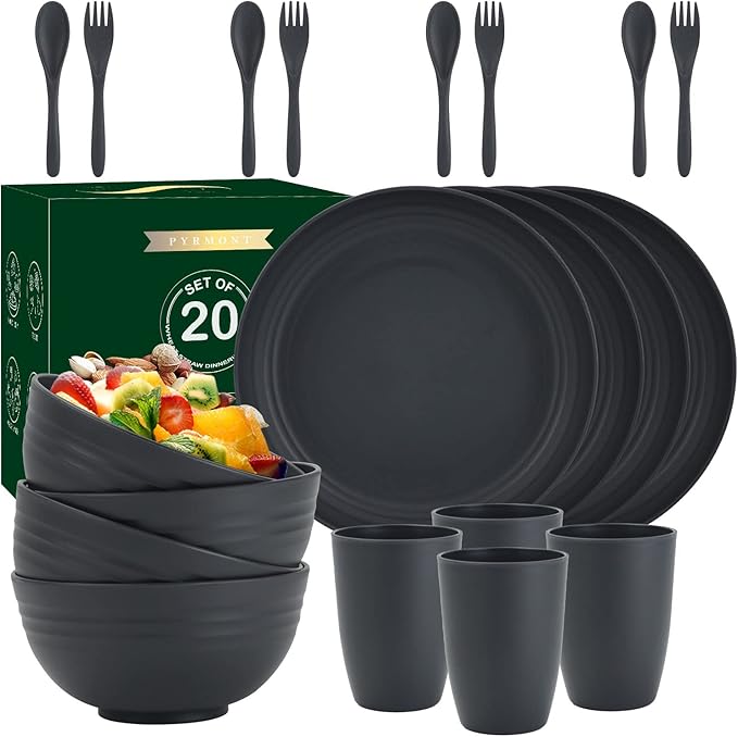 Wheat Straw Dishes Set for 4,Microwave Safe Plates and Bowls Sets, Unbreakable and Ruseable Plastic Dinnerware Sets for Kitchen,Camping,Dorm,Dessert Plates, Water Cups,Serving Bowls（Black,20 PCS）