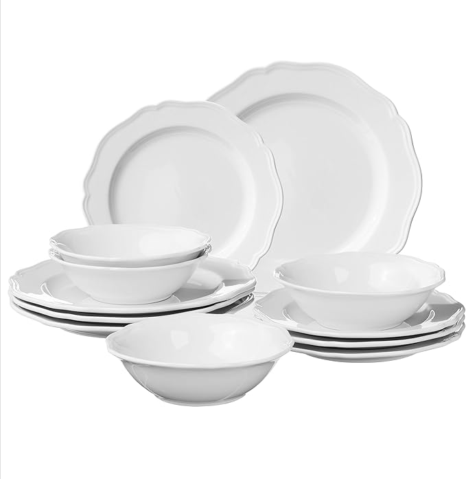 Navaris Scandi Style Porcelain Dinnerware Set - Ceramic Crockery Sets for 4 - Stackable Dishes with Dinner and Salad Plates Cereal Bowls - Dishwasher & Microwave Safe - 12pcs White