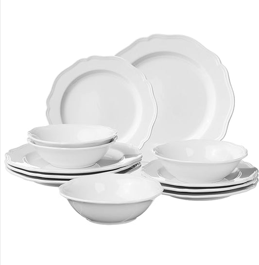 Navaris Scandi Style Porcelain Dinnerware Set - Ceramic Crockery Sets for 4 - Stackable Dishes with Dinner and Salad Plates Cereal Bowls - Dishwasher & Microwave Safe - 12pcs White