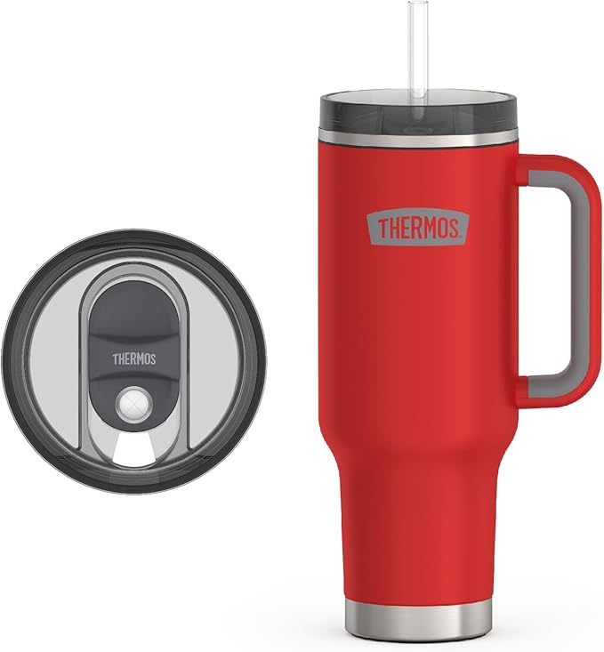 THERMOS Stainless Steel Cup Holder Mug - 40 Ounce, Crimson - Insulated Tumbler with Lid and Straw, Plus Leak-Resistant Slide Lock