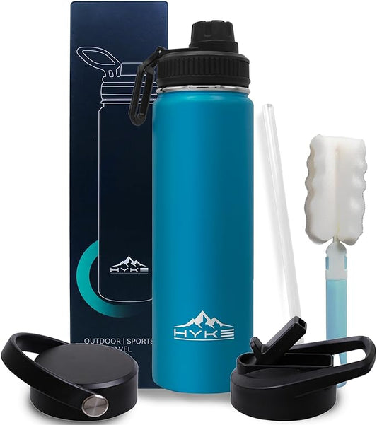 24oz Insulated Water Bottle–Vacuum Stainless Steel Bottle with Straw, Spout, Handle, 3 Lids–Leak Proof, BPA Free, Fits Cup Holders–Metal Thermos for Hiking, Gym, Car, Bike （Light Blue）