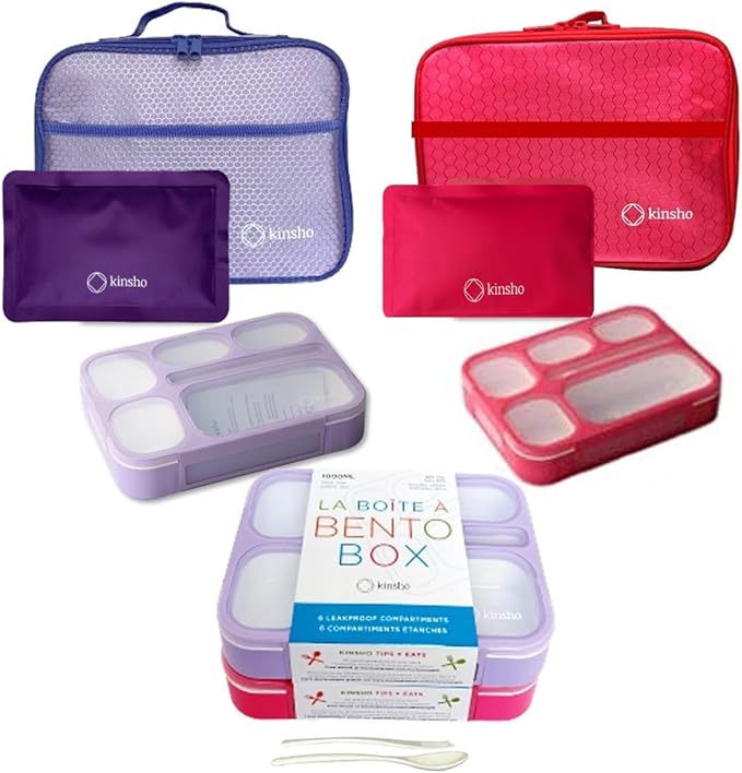 Bento Boxes with Bags and Ice Packs Set of 2. Lunch Box Snack Containers for Kids Boys Girls Adults. 6 Compartments, Leak-proof Portion Container Insulated Bag for School Lunches, Pink & Purple