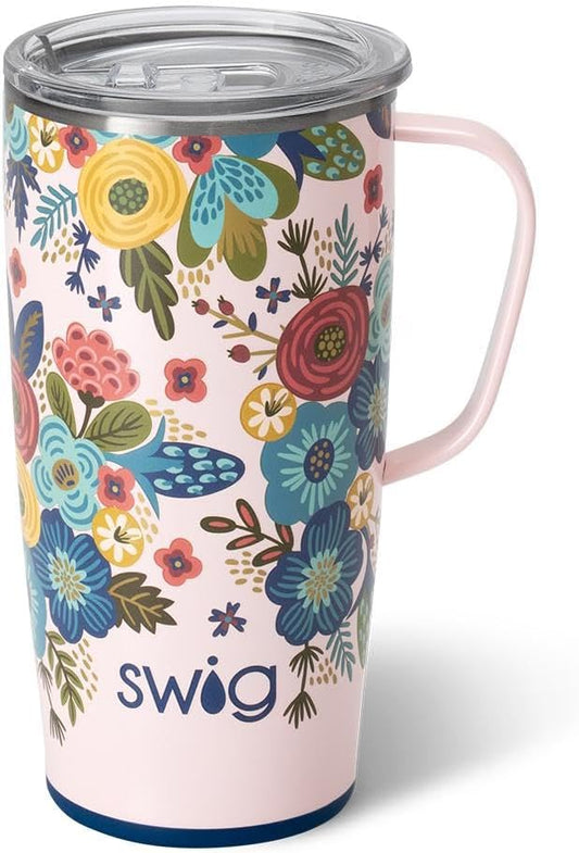 Swig Life 22oz Travel Mug, Insulated Tumbler with Handle and Lid, Cup Holder Friendly, Dishwasher Safe, Stainless Steel, Travel Coffee Cup, Insulated Mug with Lid (Bella Rosa)