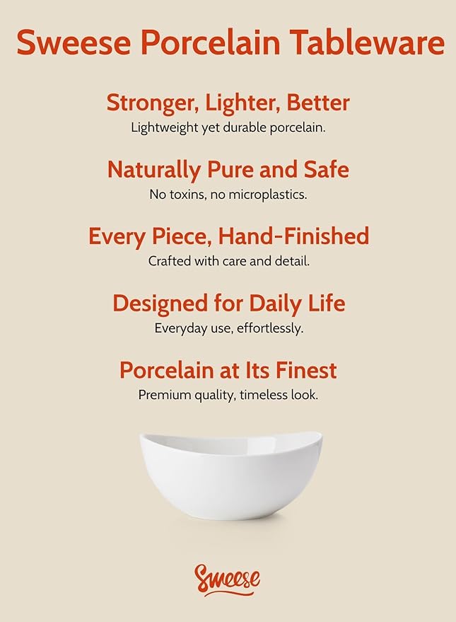 Sweese 42oz Porcelain Serving Bowls - Set of 4, 8-Inch White Bowls for Salad, Soup, Pasta & More - Microwave, Dishwasher & Oven Safe