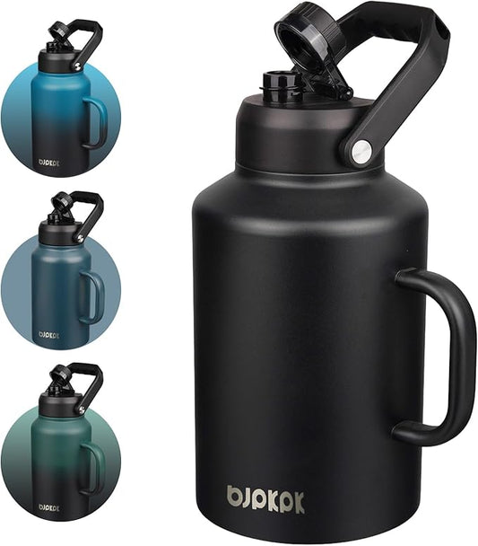 BJPKPK 1 Gallon Water Bottle with Handle, Large Dishwasher Safe 128oz Insulated Water Bottle, BPA Free Water Jug, Wide Mouth Metal Water Bottle with Anti-slip Bottom, Keep Cold & Hot,Black