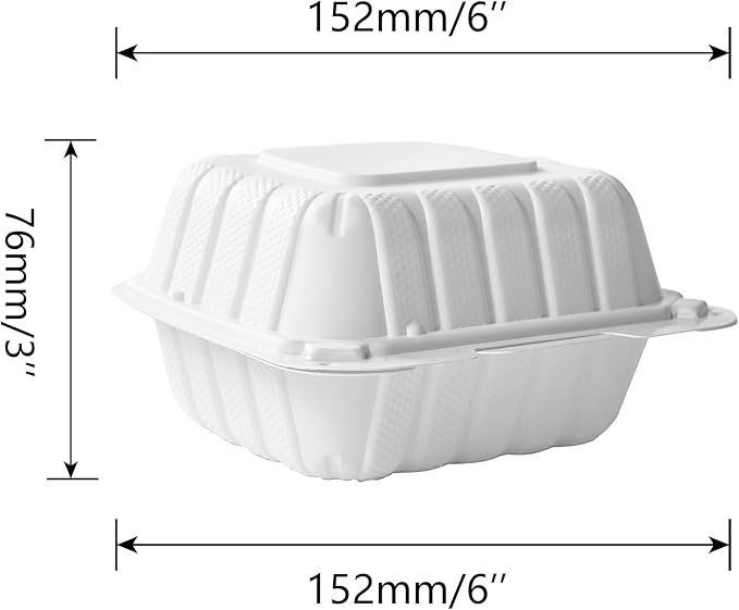 CIAO! 6"x6"x3" MFPP White Hinged Container With Lid 1 Compartment (Case of 300)