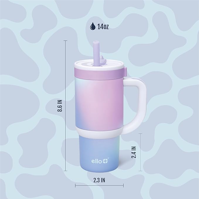 Ello Oasis 14oz Stainless Steel Toddler Tumbler with Handle & Retracting Straw, 100% Leakproof, Double-Wall Vacuum Insulated, Kids Water Bottle for School, BPA Free, Dishwasher Safe, Purple Swirl
