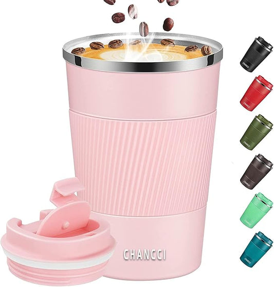Travel Coffee Mug Spill Proof Leakproof 12 oz Insulated Coffee Mug with Screw Lid, Stainless Steel Vacuum Tumbler Reusable Thermal Coffee Cup to go for Hot and Cold Drinks -380ml, Pink