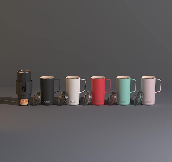 asobu Tower Mug Ceramic Inner Coated Insulated Stainless Steel Cup for Pure Tasting Coffee with Easy Hold Handle and Tritan Lid Fits Standard Cup Holders 20 Ounce Travel Mug