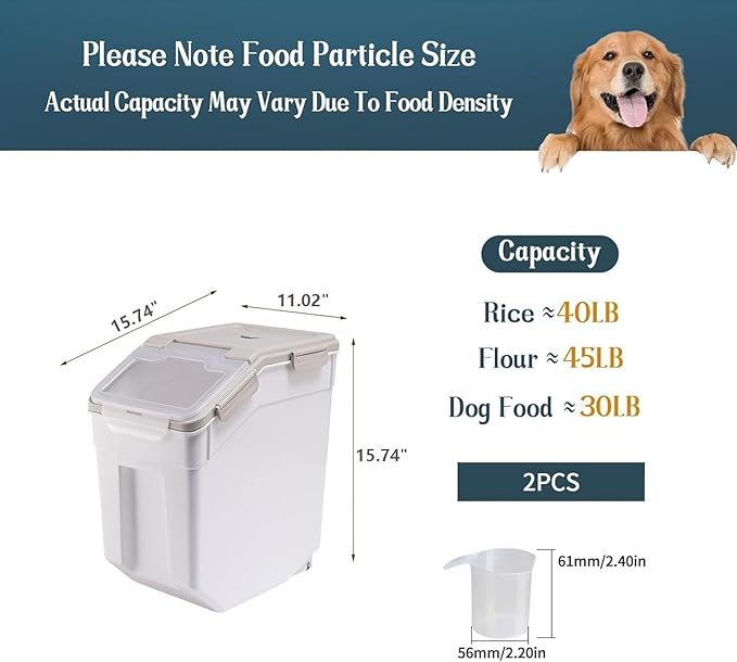 AnRui Rice Storage Container 50LB, Airtight Flour Storage Containers, Plastic Cereal Grain Dispenser Organizer Pet Food Storage Bin with Lid, Measuring Cup, Scoop, Gray, 2Pcs(Total Capacity:100LBS)