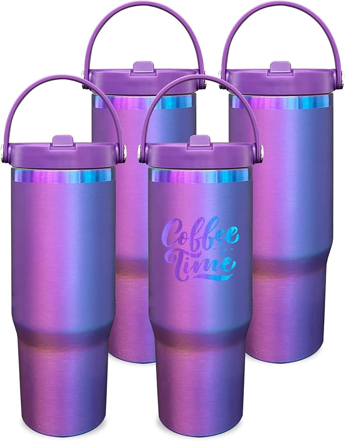 30 oz Tumbler Bulk with Handle and Straw, Vacuum Insulated Tumblers with Flip Straw and Top Handle, Leakproof Powder Coated Tumbler, Stainless Steel Travel Mug for Coffee (BluePurple, 4 Pack)