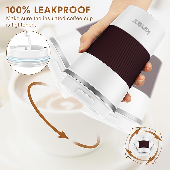 KETIEE Travel Coffee Mug 12oz: Reusable Insulated Coffee Cup with Leakproof Lid, Travel Tumbler, Vacuum Stainless Steel Coffee Mug to Go for Hot/Ice Coffee Tea (White)
