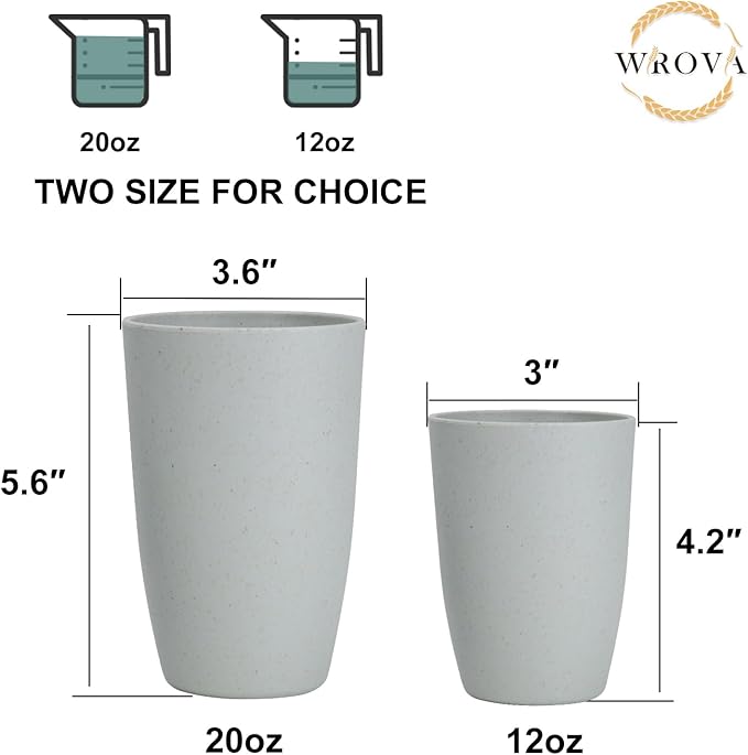 Wheat Straw Cups 8 PCS Good Alternative to Plastic Reusable Cups 20 oz Unbreakable Drinking Cup Reusable Dishwasher Safe Water Plastic Glasses Light Grey