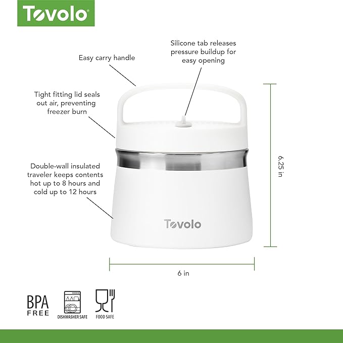 Tovolo 1 Quart Food Traveler White - Stainless Steel Food Storage Container, Double Wall Insulated Thermos for Hot and Cold Food, Spill-Proof Travel Container, BPA-Free, Dishwasher Safe