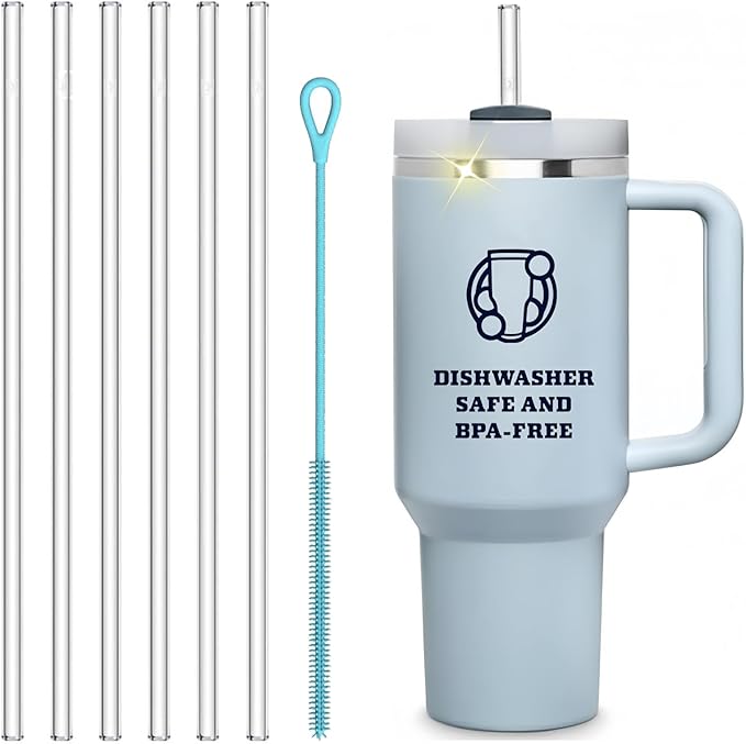 Replacement Straw for Stanley Tumbler 40 oz, 12 inch Tritan Extra Long Straws for Stanley Cup, 6 Pack Reusable BPA-free Straws w/1 Silicone Cleaning Brush, Dishwasher Safe Drinking Accessories, Clear