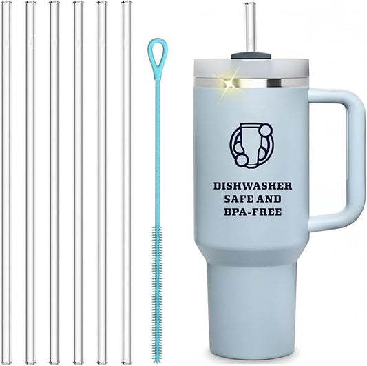Replacement Straw for Stanley Tumbler 40 oz, 12 inch Tritan Extra Long Straws for Stanley Cup, 6 Pack Reusable BPA-free Straws w/1 Silicone Cleaning Brush, Dishwasher Safe Drinking Accessories, Clear
