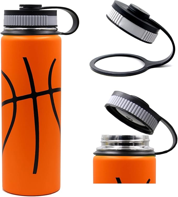 22 oz Basketball Water Bottle, Metal Thermo Travel Tumbler Sports Flask with 2 Lids, Stainless Steel Double Wall Vacuum Insulated Leak Proof Water bottles, Basketball Accessories Gifts for Boys Girls