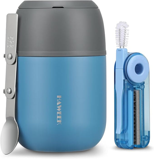 17oz Soup Thermo for Hot Food Adults Insulated Food Jar Thermo Hot Food Lunch Container Wide Mouth Stainless Steel Lunch Box for Kids with Folding Spoon Cleaning Brush Gray Blue