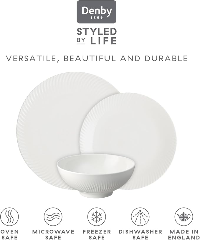 Denby - Arc White Porcelain Dinner Set For 4-12 Piece Textured Tableware Set For Any Occasion - Dishwasher Microwave Oven Safe - Scratch Chip Resistant