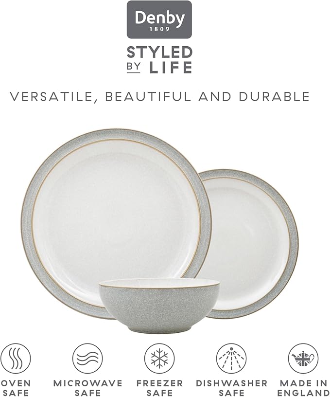 Denby - Elements Light Grey 12 Piece Dinner Set for 4 - Ceramic Tableware Plate & Bowl Set - Dishwasher Microwave Safe Crockery - 4 x Dinner Plates, Small Plates, Cereal Bowls - Chip & Crack Resistant