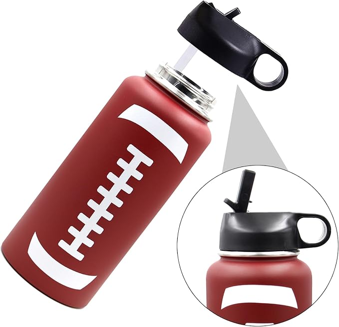 32 oz Football Water Bottle, Metal Thermo Travel Mug Sports Flask with 2 Lids, Stainless Steel Double Wall Vacuum Insulated Leak Proof Water Bottles, Football Accessories Gifts for Mom Men Boys Girls