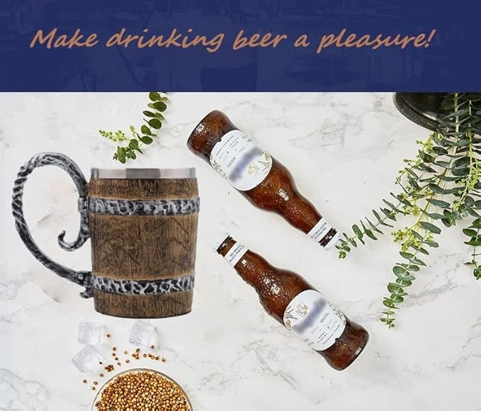 Wooden Barrel Mug Stein Tankard,Stainless Steel Drinking Mug with Handle,Norse Viking Mythology Poetic Gothic Decor Party Decoration Drinkware Gift for Men(Barrel)