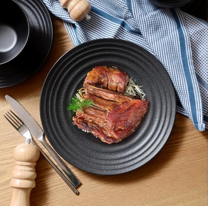 Melamine Dinnerware Sets for 4, 12Pcs Plates and Bowls Sets with Modern style, Lightweight and Unbreakable Dish Set for Camping, RV and BBQ, Dishwasher Safe, BPA free(Black)