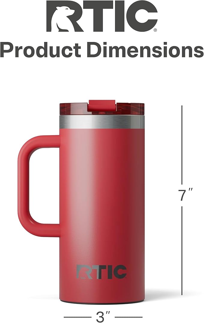 RTIC 16oz Road Trip Travel Mug with Lid and Handle, Ceramic Lined, Insulated, Stainless Steel, Metal, Double Wall Vacuum-Insulation, Portable Coffee, Tea Cup for Hot and Cold Drink, Flag Red