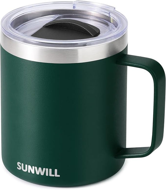 SUNWILL Travel Coffee Mug with Lid, Insulated Cup with Handle, 14 oz Stainless Steel Tumbler for Camping, Office, Outdoor, Powder Coated Forest Green